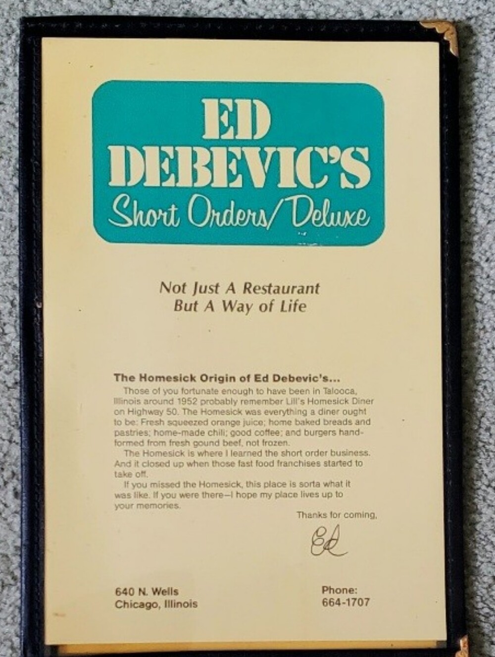 ED DEBEVIC'S ORIGINAL 1984 MENU